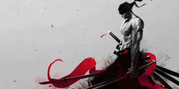 Roronoa Zoro from One Piece in minimal black and white samurai style holding swords with red ink splash background intense warrior aesthetic wallpaper