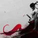 Roronoa Zoro from One Piece in minimal black and white samurai style holding swords with red ink splash background intense warrior aesthetic wallpaper