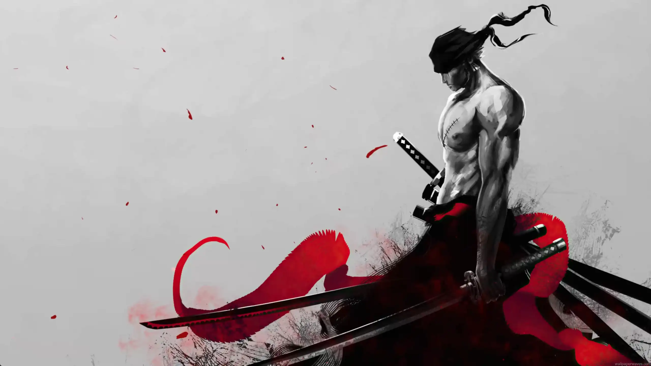 Roronoa Zoro from One Piece in minimal black and white samurai style holding swords with red ink splash background intense warrior aesthetic wallpaper