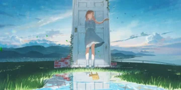 anime girl dream door reflection aesthetic sky landscape surreal calm peaceful scenery wallpaper