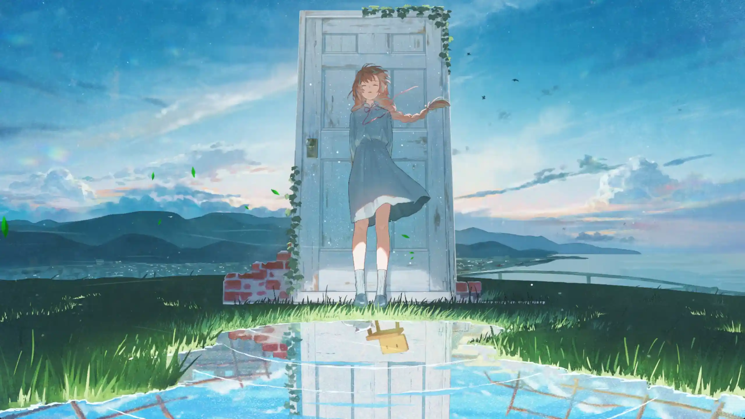 anime girl dream door reflection aesthetic sky landscape surreal calm peaceful scenery wallpaper