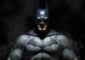 Batman Arkham Asylum close up with rain dark background armored suit and intense shadow atmosphere superhero wallpaper