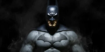Batman Arkham Asylum close up with rain dark background armored suit and intense shadow atmosphere superhero wallpaper