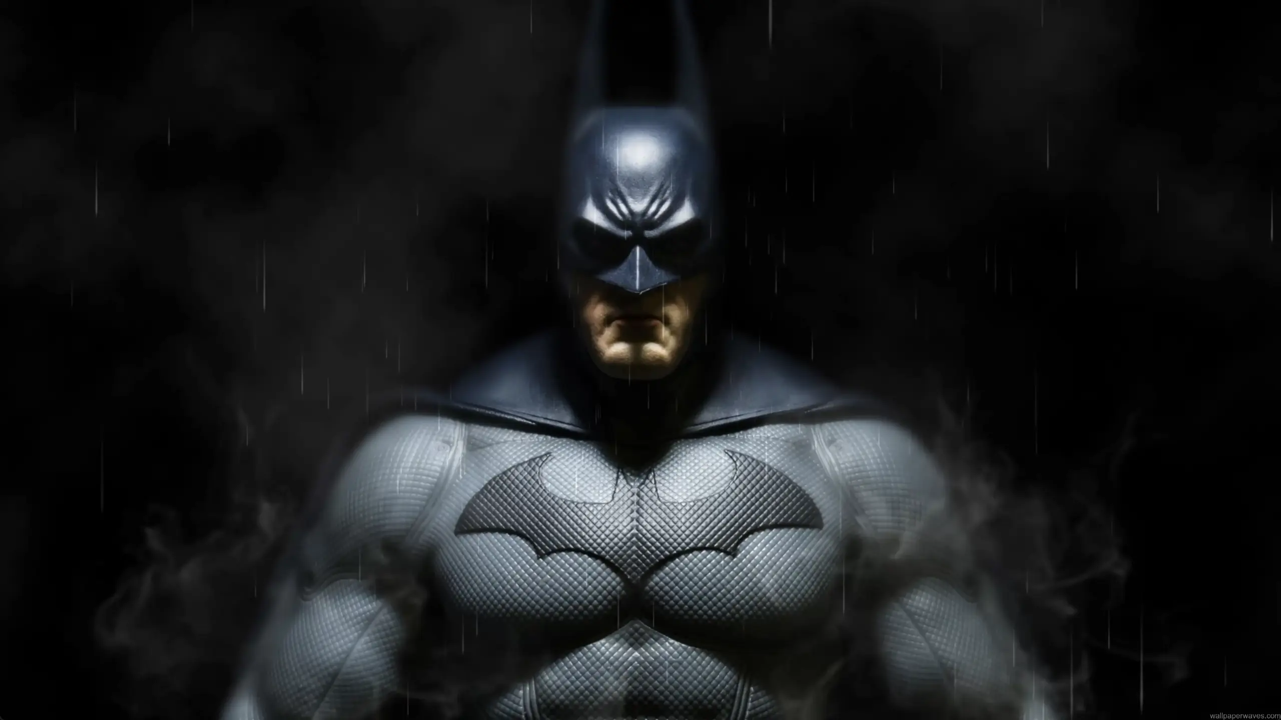Batman Arkham Asylum close up with rain dark background armored suit and intense shadow atmosphere superhero wallpaper