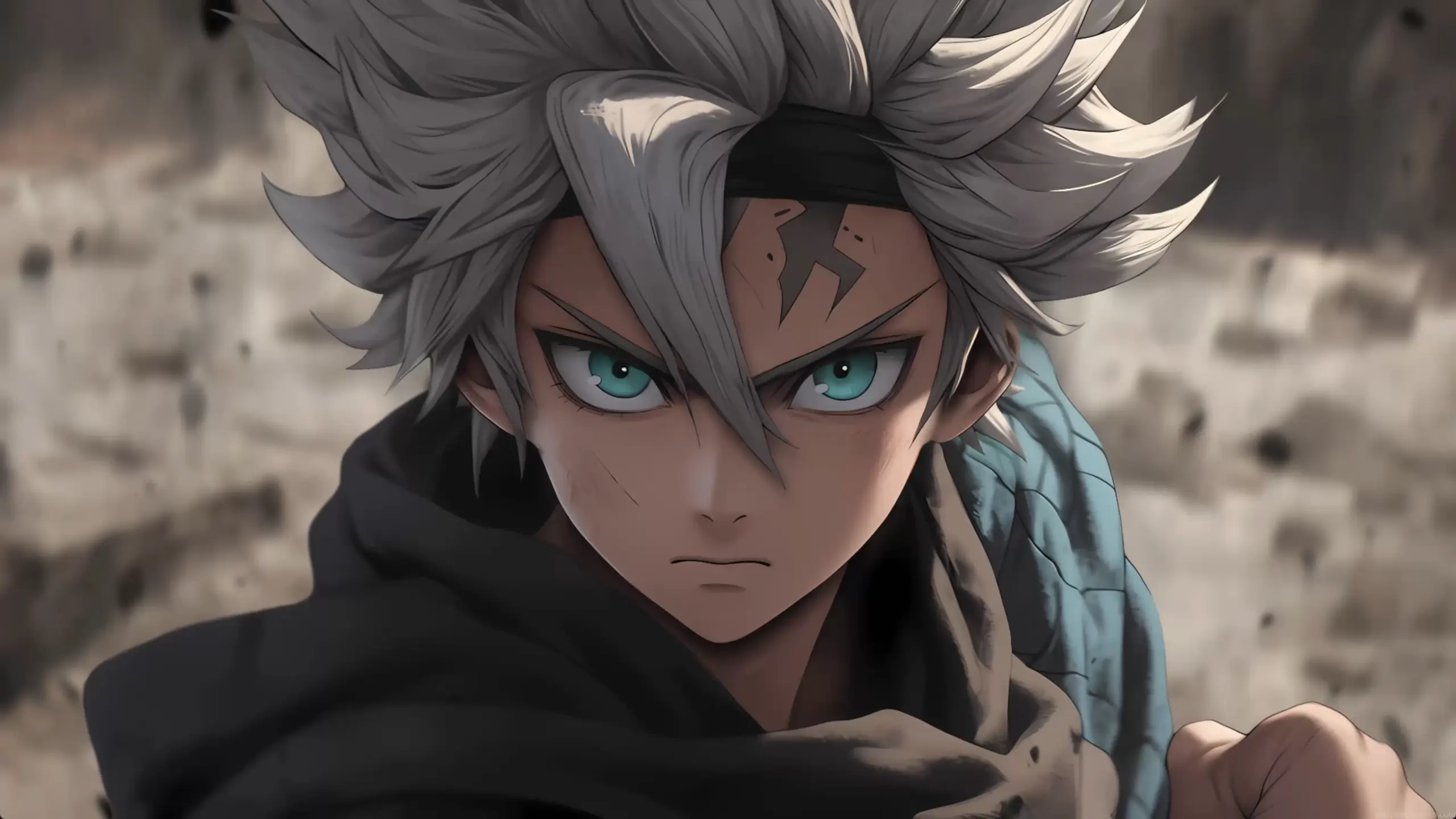 Asta Black Clover intense close up anime warrior silver hair green eyes battle ready determined expression wallpaper