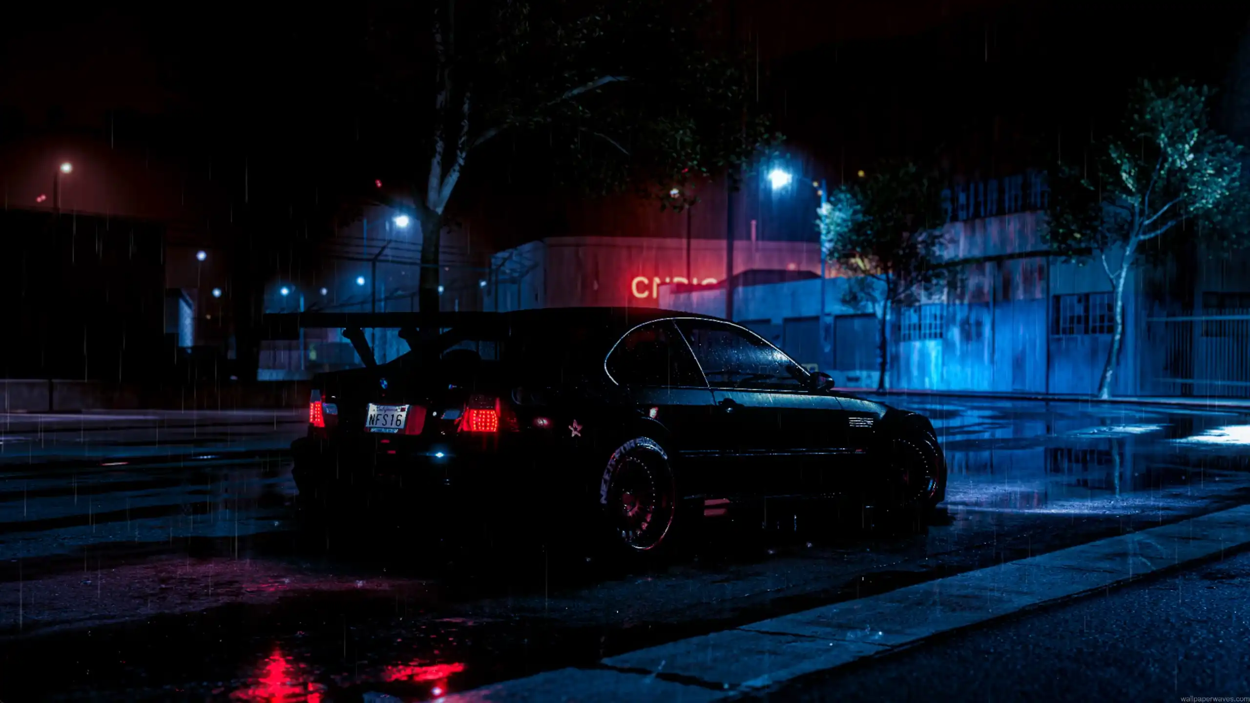 BMW M3 NFS rain night neon street racing car dark aesthetic wet road reflections urban night drive wallpaper