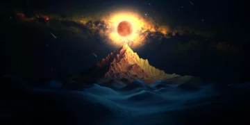 celestial eclipse above mountain peak with glowing sky stars and surreal landscape sci fi wallpaper