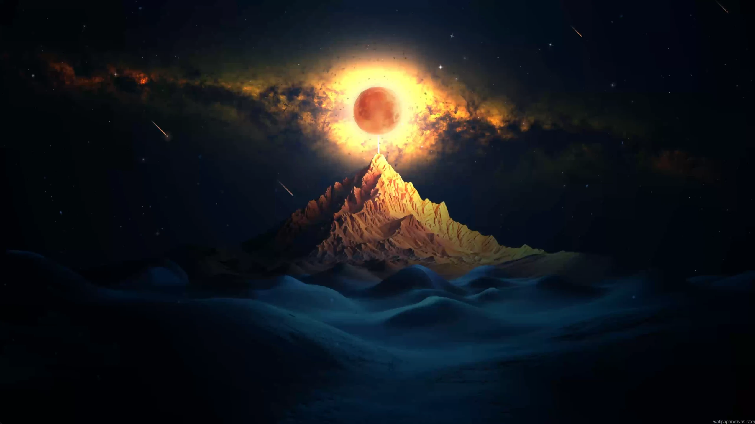 celestial eclipse above mountain peak with glowing sky stars and surreal landscape sci fi wallpaper