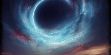 cosmic eclipse nebula sky with glowing planet swirling blue clouds stars and deep space atmosphere wallpaper