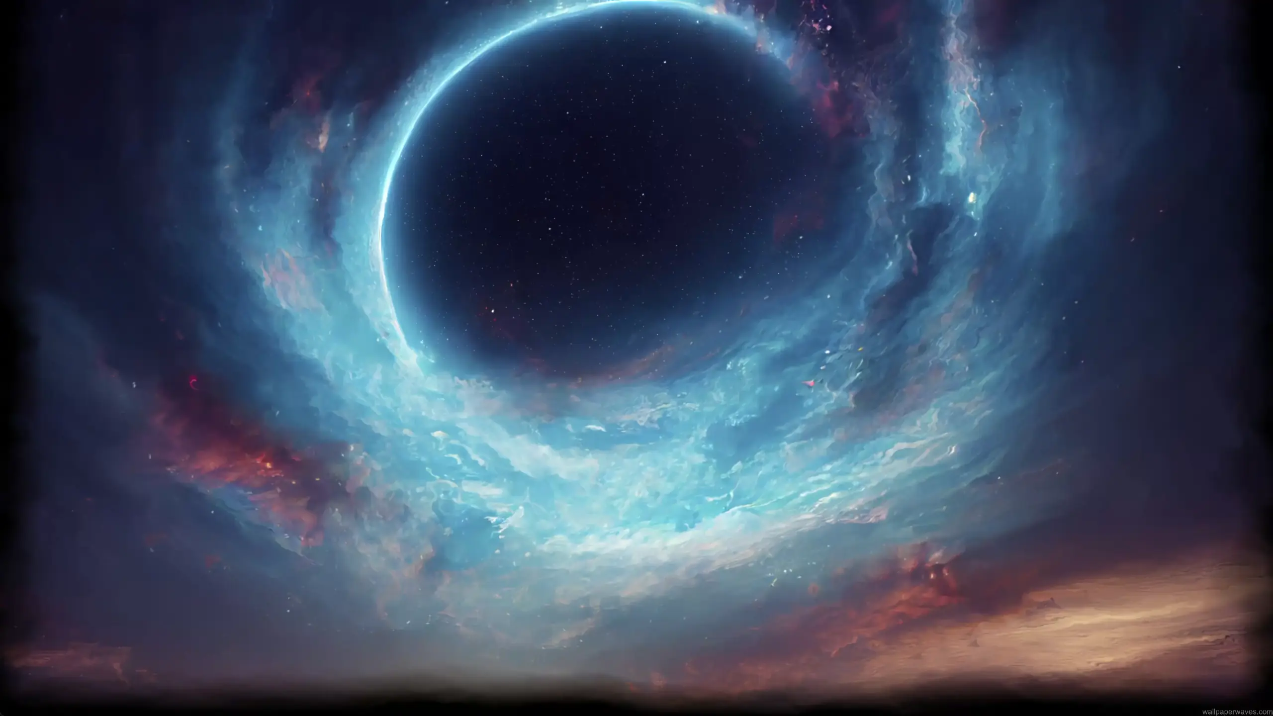 cosmic eclipse nebula sky with glowing planet swirling blue clouds stars and deep space atmosphere wallpaper