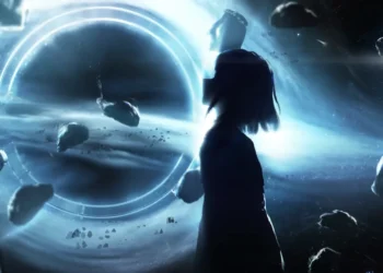 Cosmic Girl Black Hole Portal Live Wallpaper 1 cosmic girl silhouette black hole portal blue space nebula asteroids sci fi aesthetic deep space cinematic wallpaper