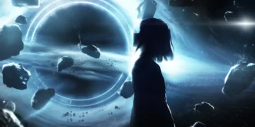 cosmic girl silhouette black hole portal blue space nebula asteroids sci fi aesthetic deep space cinematic wallpaper