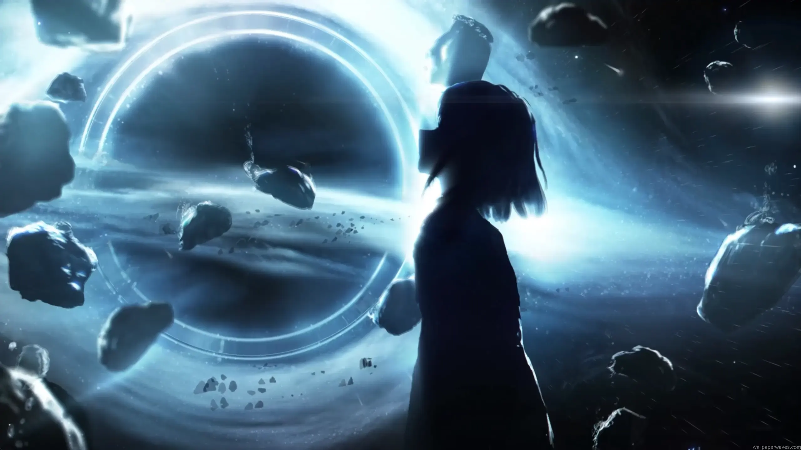 cosmic girl silhouette black hole portal blue space nebula asteroids sci fi aesthetic deep space cinematic wallpaper