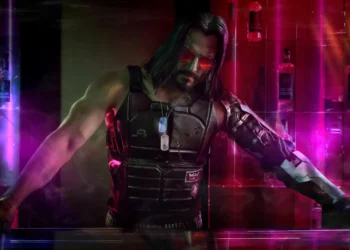 Cyberpunk 2077 Johnny Silverhand neon bar cyber arm red glasses futuristic city rebellion aesthetic gaming wallpaper