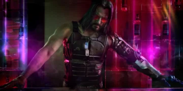 Cyberpunk 2077 Johnny Silverhand neon bar cyber arm red glasses futuristic city rebellion aesthetic gaming wallpaper