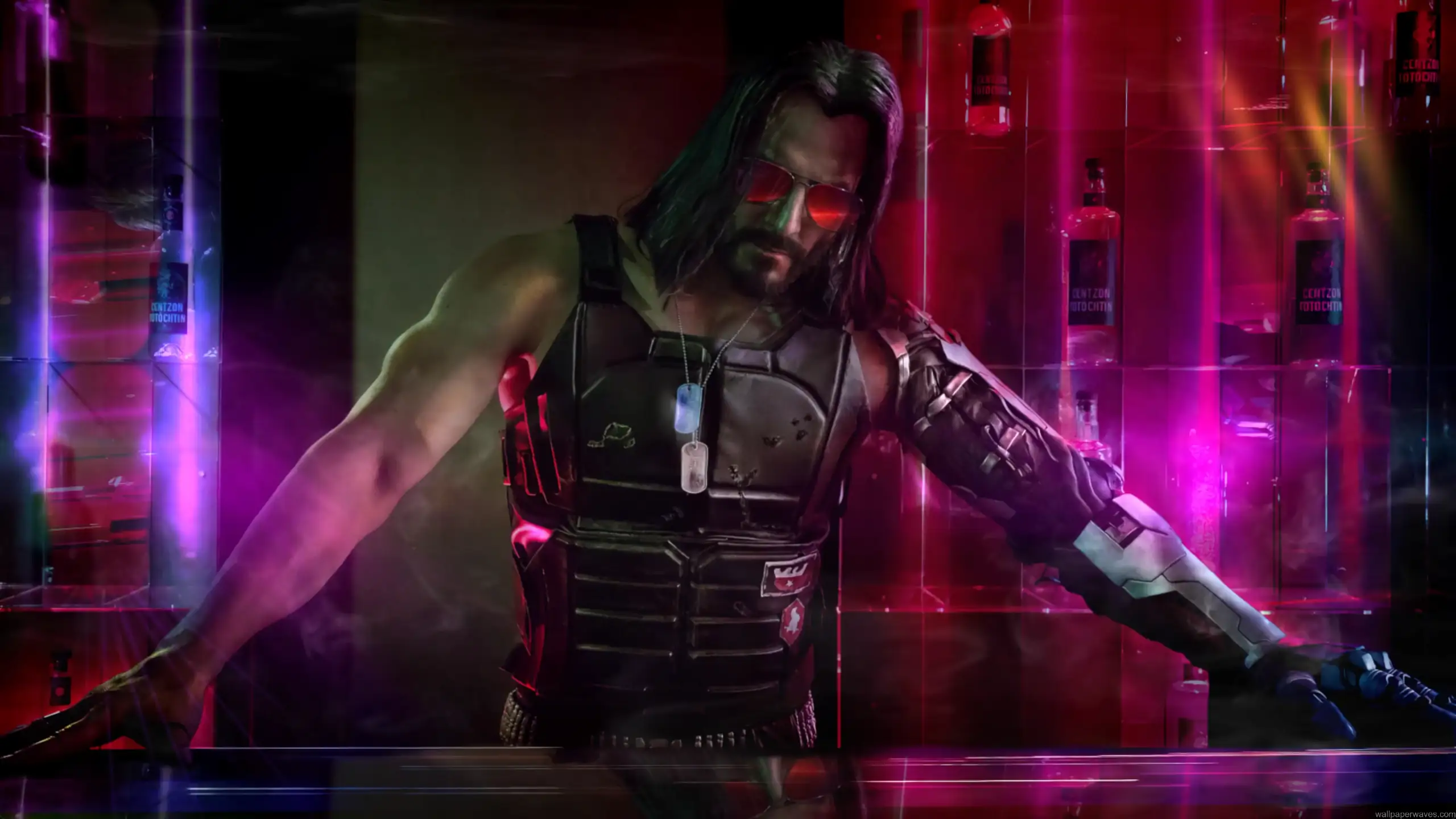 Cyberpunk 2077 Johnny Silverhand neon bar cyber arm red glasses futuristic city rebellion aesthetic gaming wallpaper