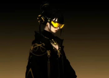 cyberpunk girl yellow visor neon techwear futuristic aesthetic sci fi dark minimal wallpaper