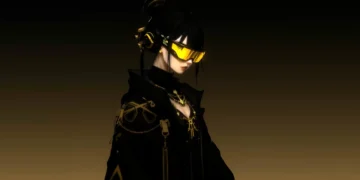 cyberpunk girl yellow visor neon techwear futuristic aesthetic sci fi dark minimal wallpaper