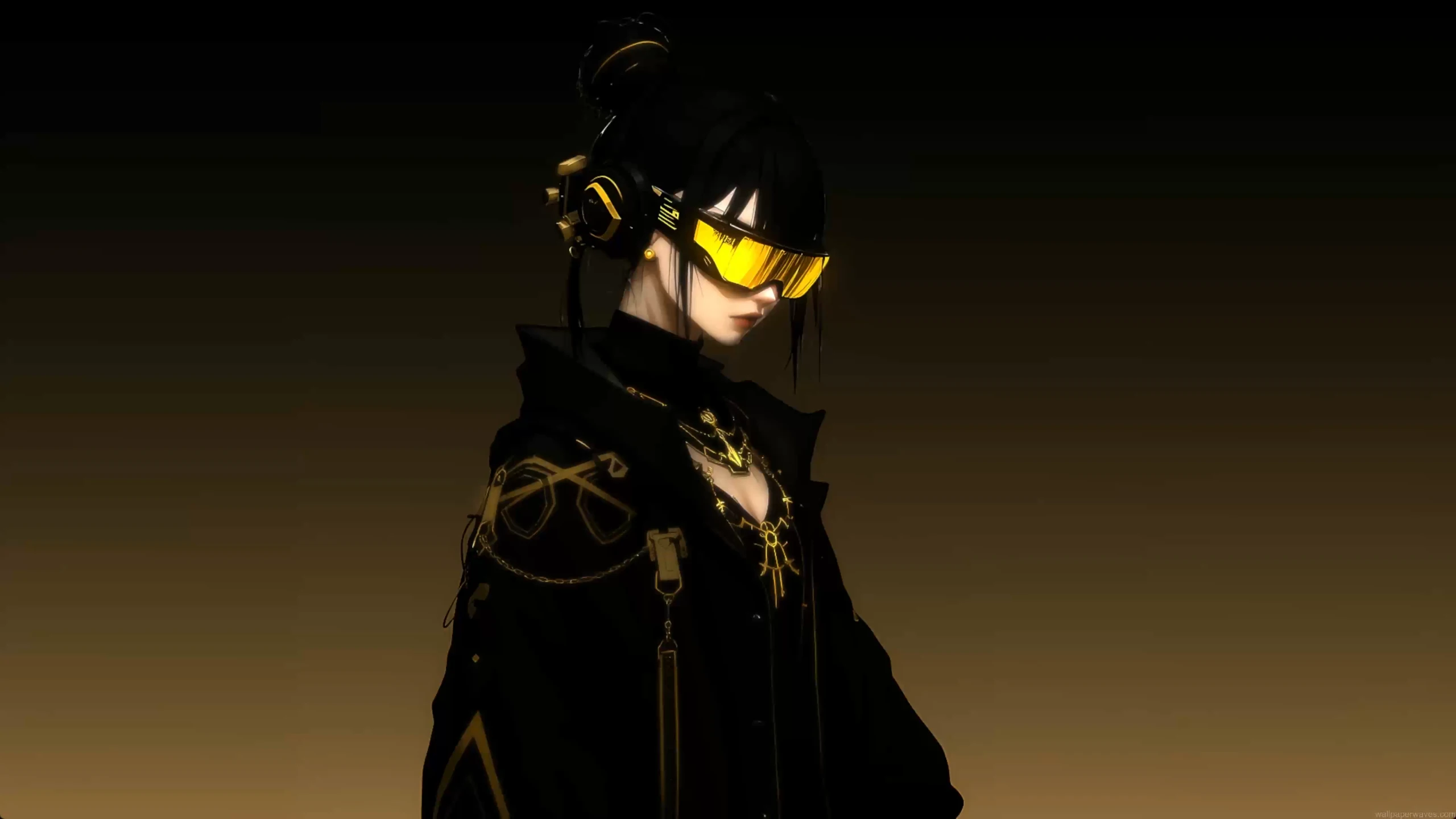 cyberpunk girl yellow visor neon techwear futuristic aesthetic sci fi dark minimal wallpaper