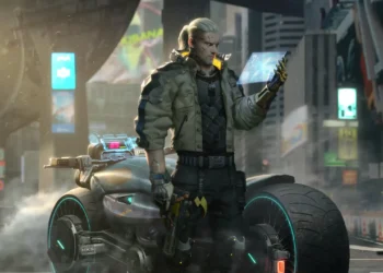 Geralt cyberpunk biker with futuristic bike neon city lights holographic screen and mechanical arm cyberpunk wallpaper