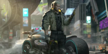 Geralt cyberpunk biker with futuristic bike neon city lights holographic screen and mechanical arm cyberpunk wallpaper