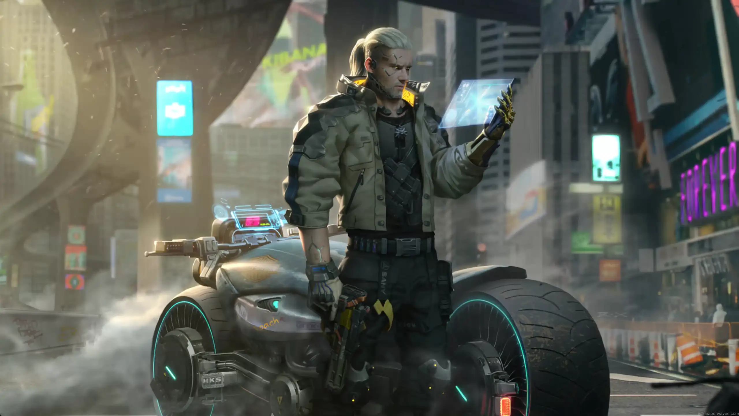 Geralt Cyberpunk 2077 Neon Biker Live Wallpaper