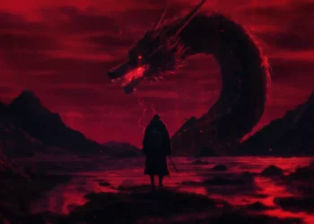 giant dragon shadow with lone warrior under red sky lightning dark fantasy scene dramatic landscape wallpaper