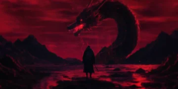 giant dragon shadow with lone warrior under red sky lightning dark fantasy scene dramatic landscape wallpaper