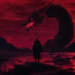 giant dragon shadow with lone warrior under red sky lightning dark fantasy scene dramatic landscape wallpaper