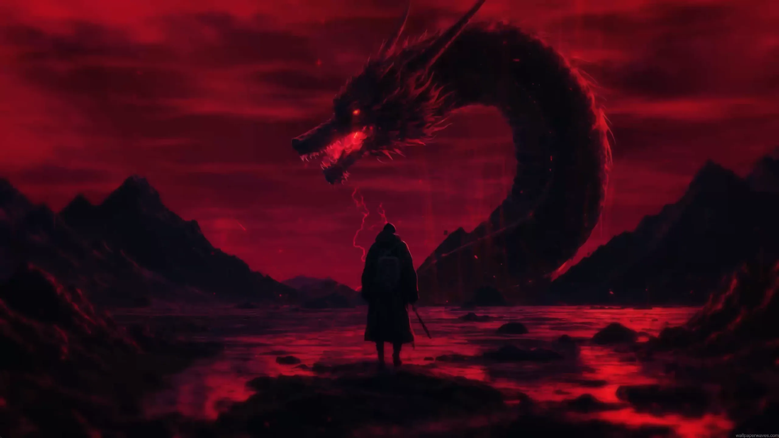 giant dragon shadow with lone warrior under red sky lightning dark fantasy scene dramatic landscape wallpaper