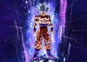 Goku ultra instinct with silver hair glowing cosmic aura lightning and space background Dragon Ball anime wallpaper