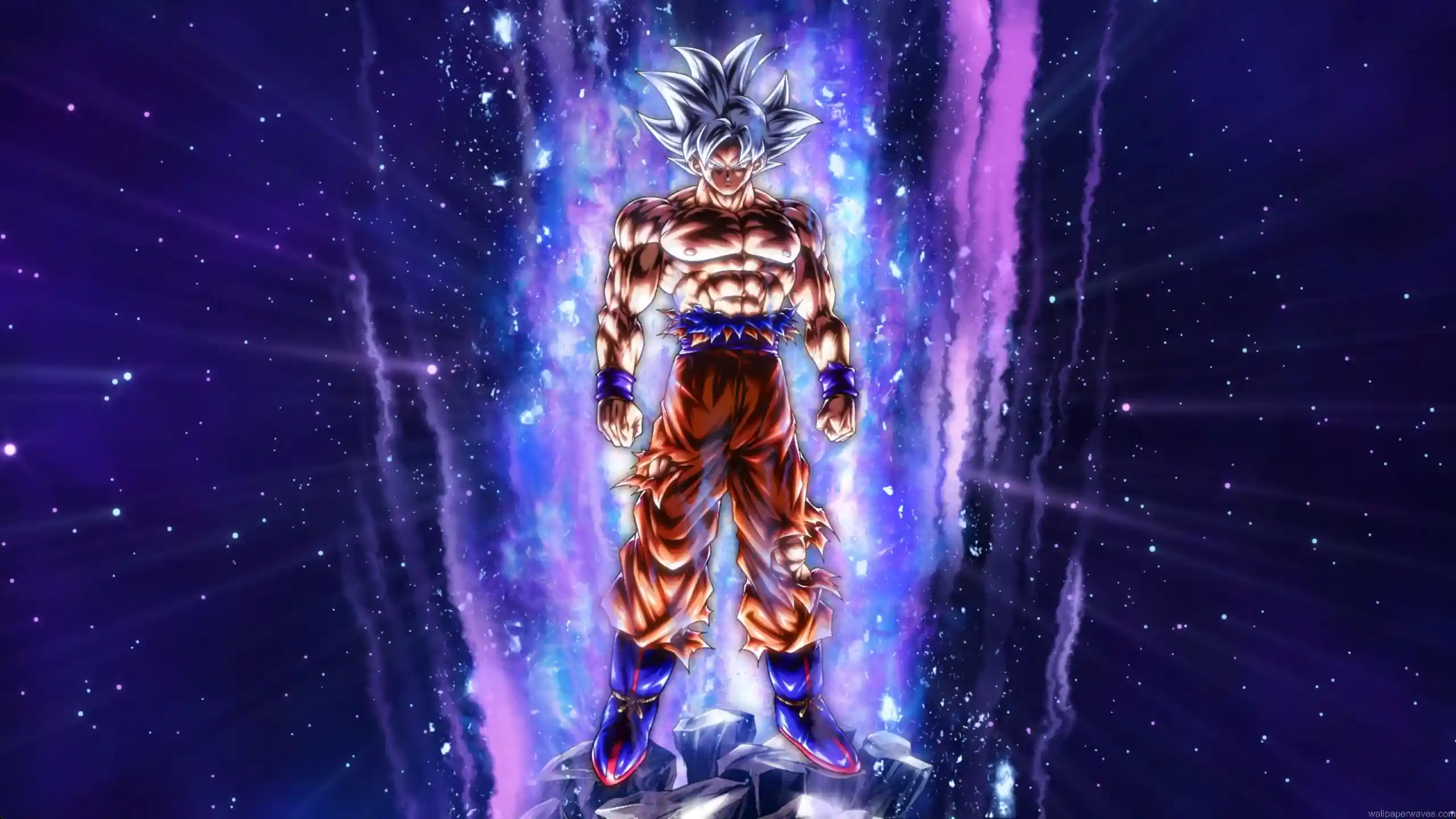 Goku ultra instinct with silver hair glowing cosmic aura lightning and space background Dragon Ball anime wallpaper