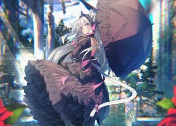 gothic anime girl umbrella garden roses aesthetic fantasy soft light surreal wallpaper