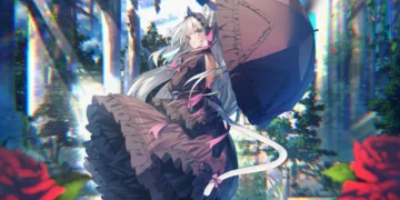 gothic anime girl umbrella garden roses aesthetic fantasy soft light surreal wallpaper