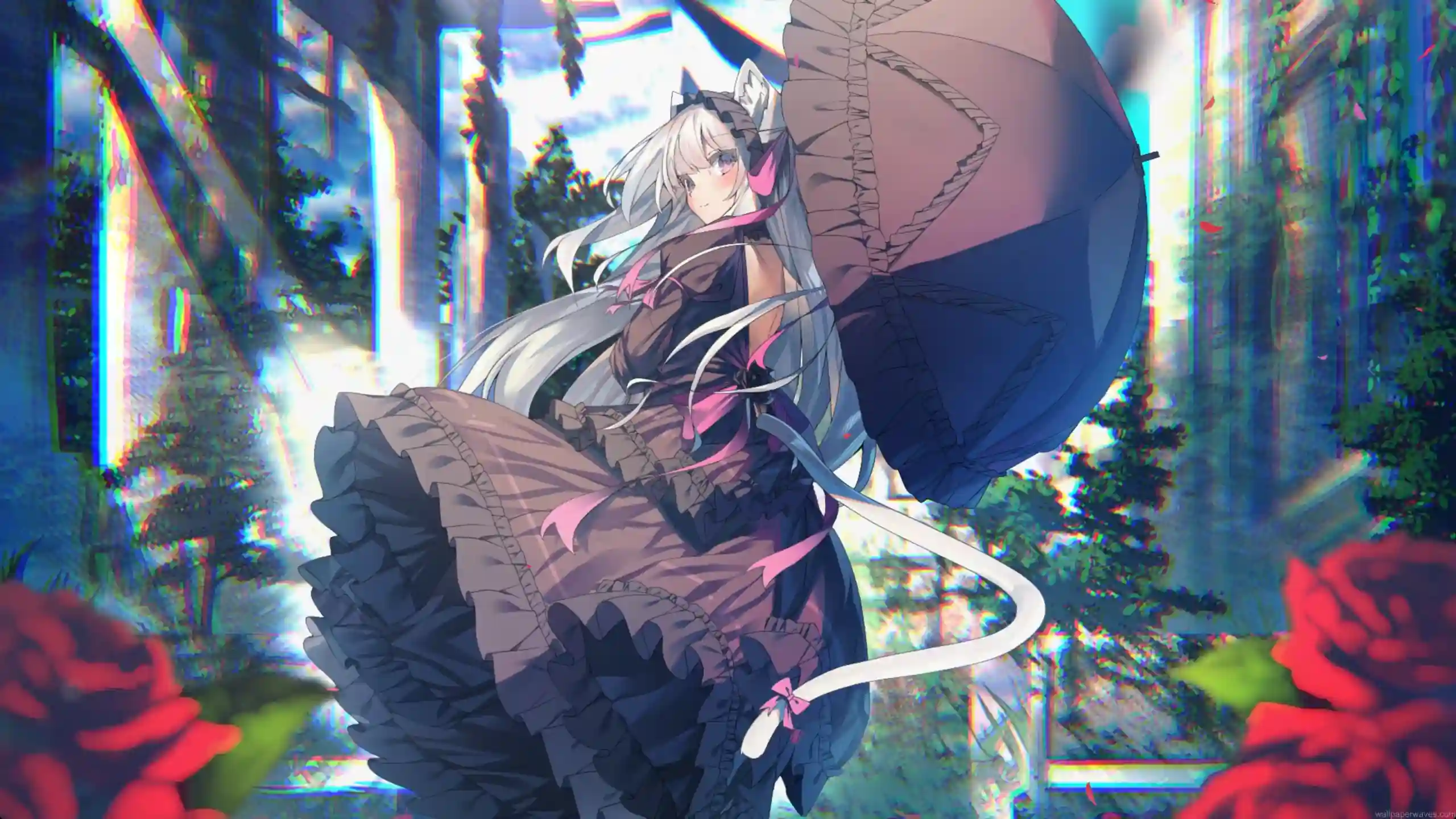 gothic anime girl umbrella garden roses aesthetic fantasy soft light surreal wallpaper