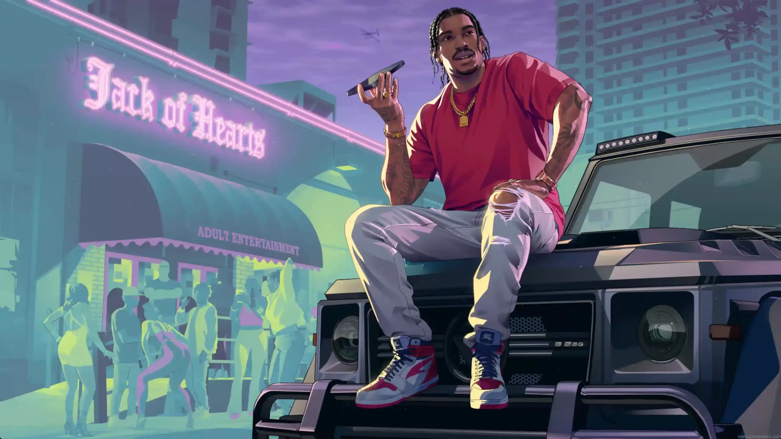 GTA 6 nightlife neon city jack of hearts club urban street scene luxury car night vibe modern crime aesthetic wallpaper
