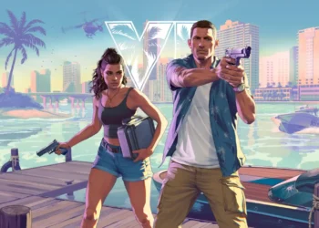 GTA 6 vice city duo heist female male characters guns dock city skyline police chase tropical neon vibe wallpaper