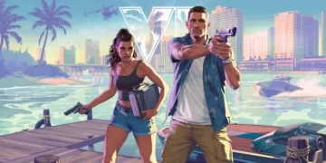 GTA 6 vice city duo heist female male characters guns dock city skyline police chase tropical neon vibe wallpaper