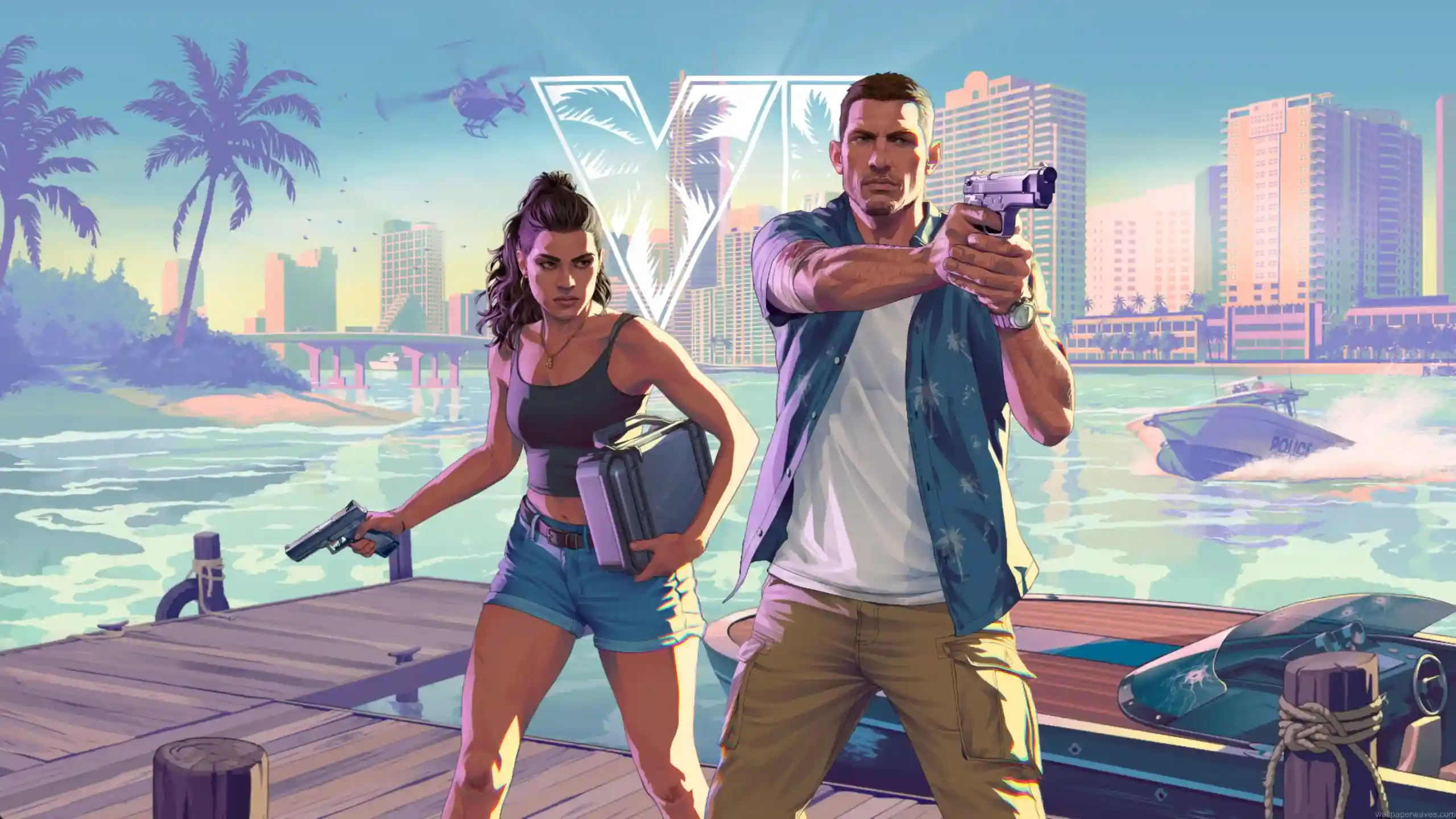 GTA 6 vice city duo heist female male characters guns dock city skyline police chase tropical neon vibe wallpaper