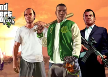 Grand Theft Auto V Franklin Michael Trevor trio sunset background Los Santos bat rifle dog cinematic gaming wallpaper