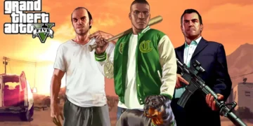 Grand Theft Auto V Franklin Michael Trevor trio sunset background Los Santos bat rifle dog cinematic gaming wallpaper