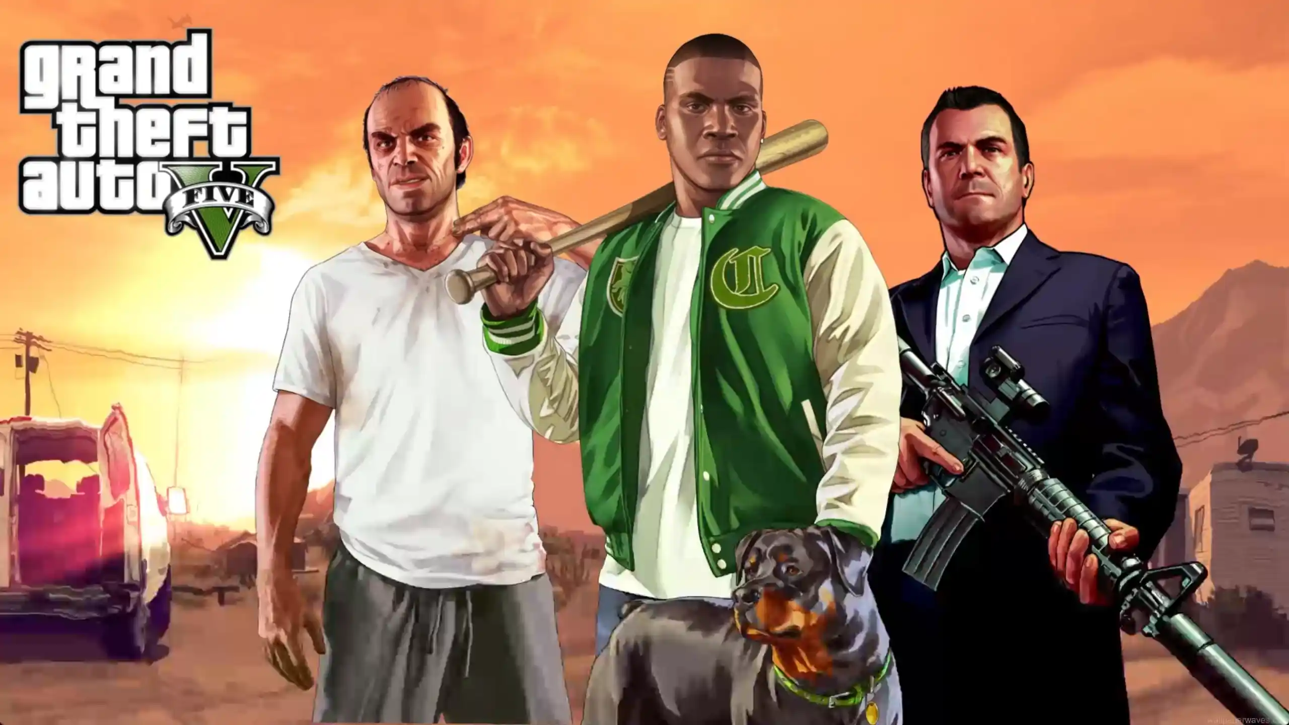 Grand Theft Auto V Franklin Michael Trevor trio sunset background Los Santos bat rifle dog cinematic gaming wallpaper
