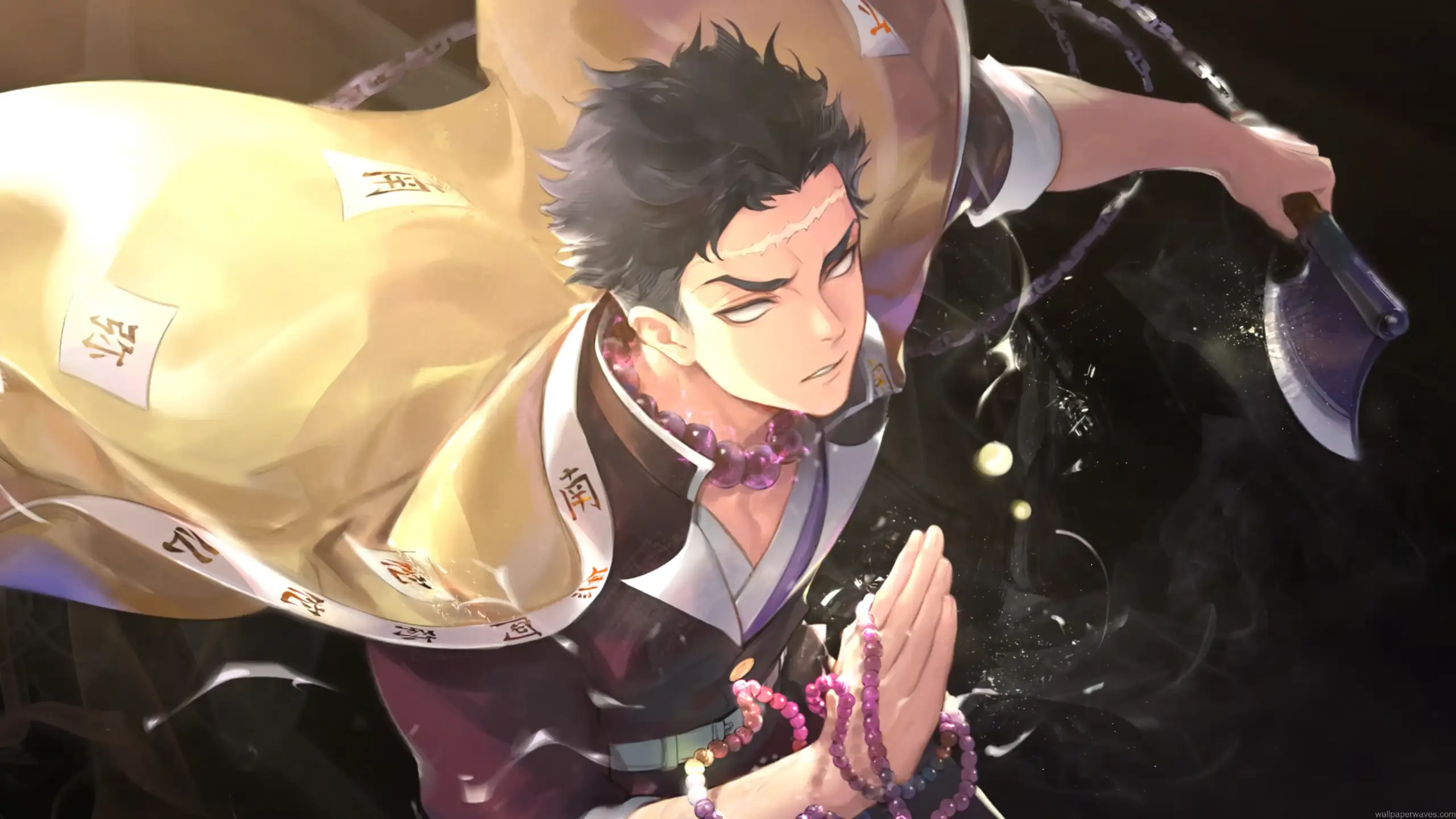 Gyomei Himejima stone hashira demon slayer prayer beads anime warrior calm power chain weapon spiritual strength wallpaper