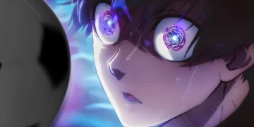 Isagi Yoichi blue lock glowing eyes spiral effect intense anime soccer close up ego vision dramatic wallpaper