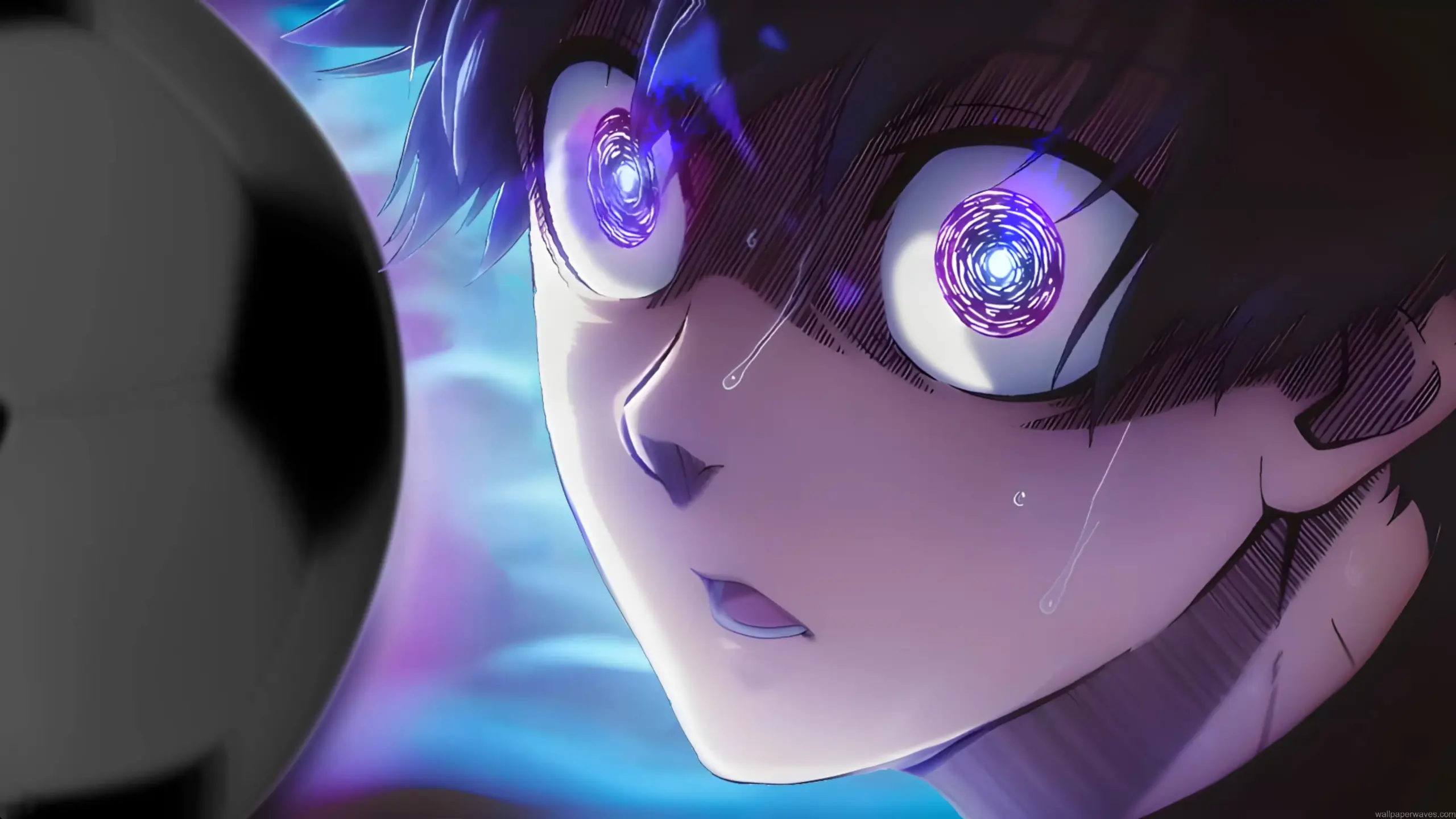 Isagi Yoichi blue lock glowing eyes spiral effect intense anime soccer close up ego vision dramatic wallpaper
