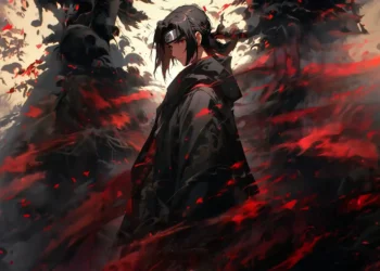 Itachi Uchiha dark Akatsuki power scene with red energy aura black smoke and intense anime atmosphere Naruto wallpaper