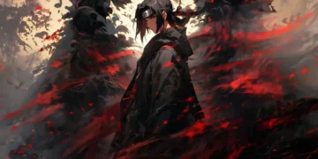 Itachi Uchiha dark Akatsuki power scene with red energy aura black smoke and intense anime atmosphere Naruto wallpaper