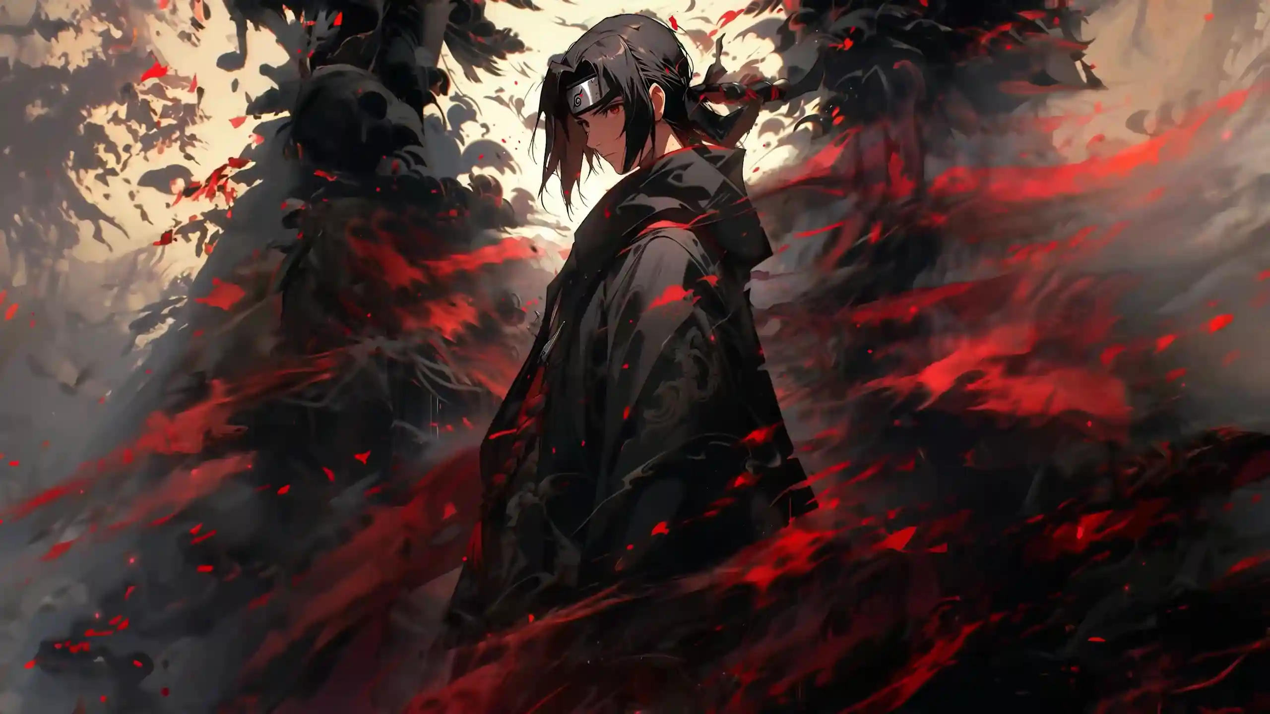 Itachi Uchiha dark Akatsuki power scene with red energy aura black smoke and intense anime atmosphere Naruto wallpaper