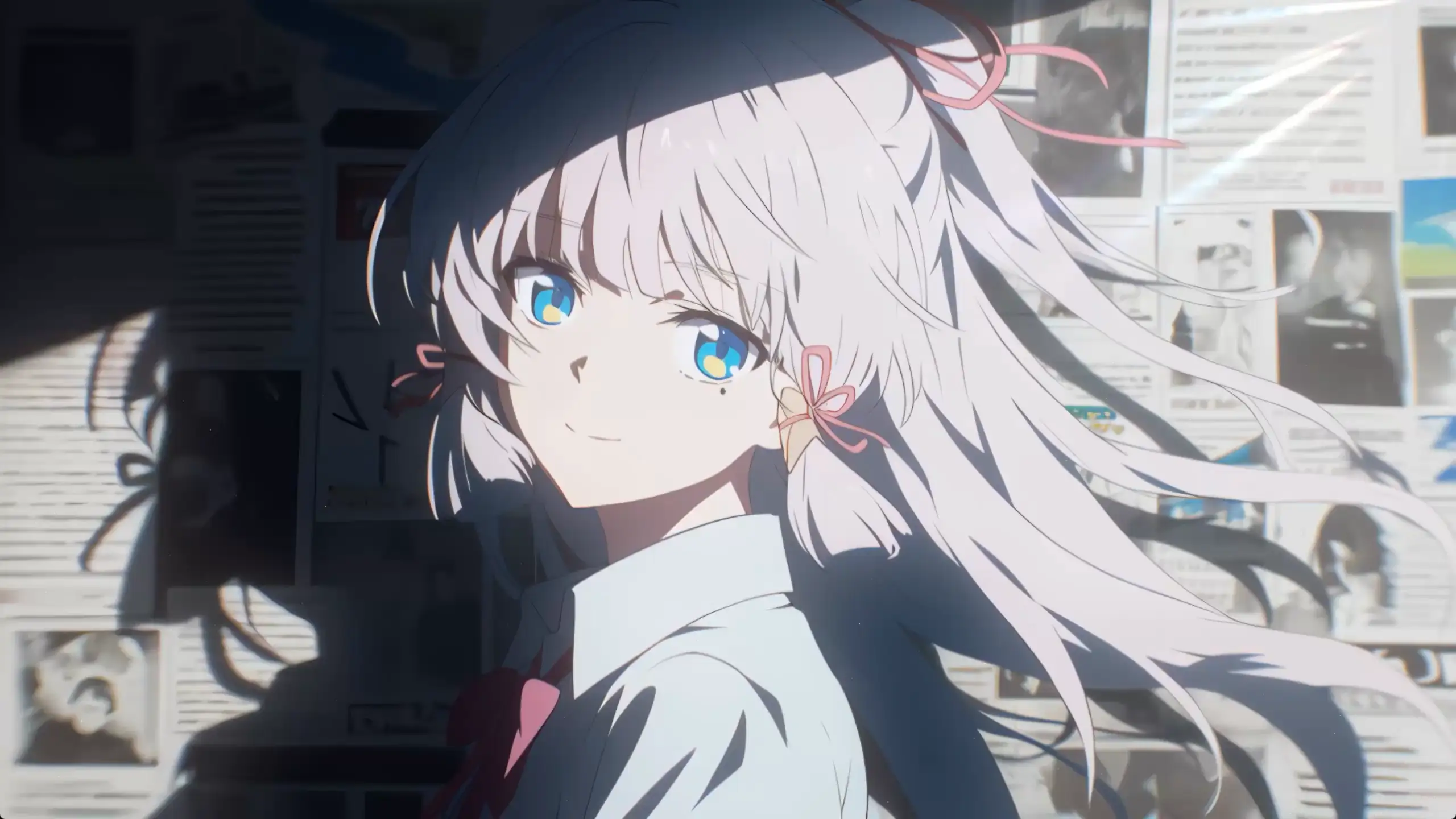 Kamisato Ayaka gentle smile with flowing silver hair and soft lighting anime scene from Genshin Impact wallpaper