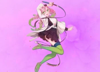 Love Hashira Mitsuri Kanroji Cute Energy Live Wallpaper 1 Mitsuri Kanroji love hashira with pink background jumping pose green stockings and sword from Demon Slayer anime wallpaper